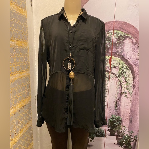 Free People Best of Both Worlds sheer black Blouse size M - Picture 5 of 13